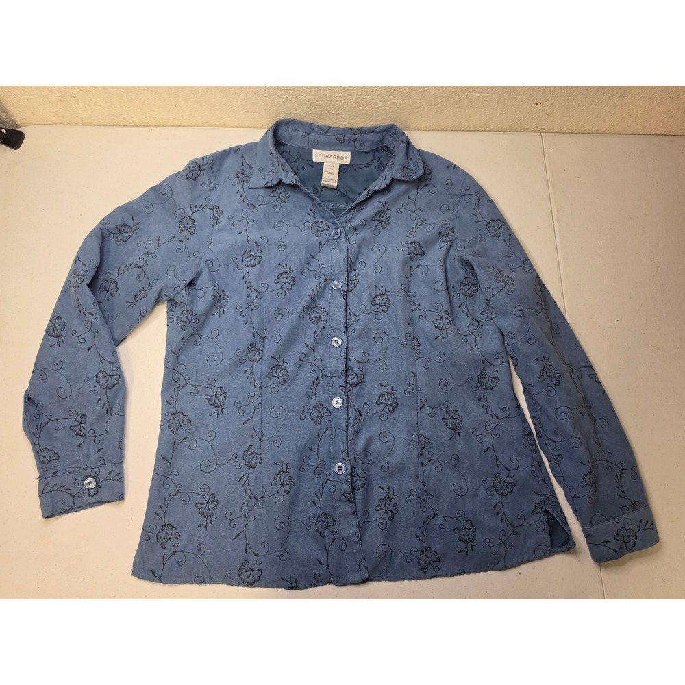 Sag Harbor Womens Blue Faux Suede Floral Embroidered Button Down Blouse Large